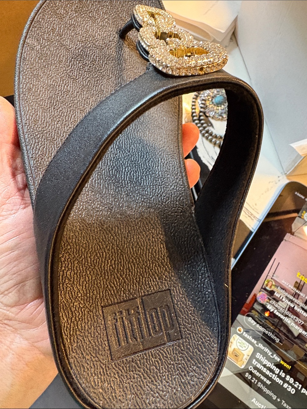 FitFlop Black Rhinestone Chain T-Strap Sandals - Picture 6 of 7